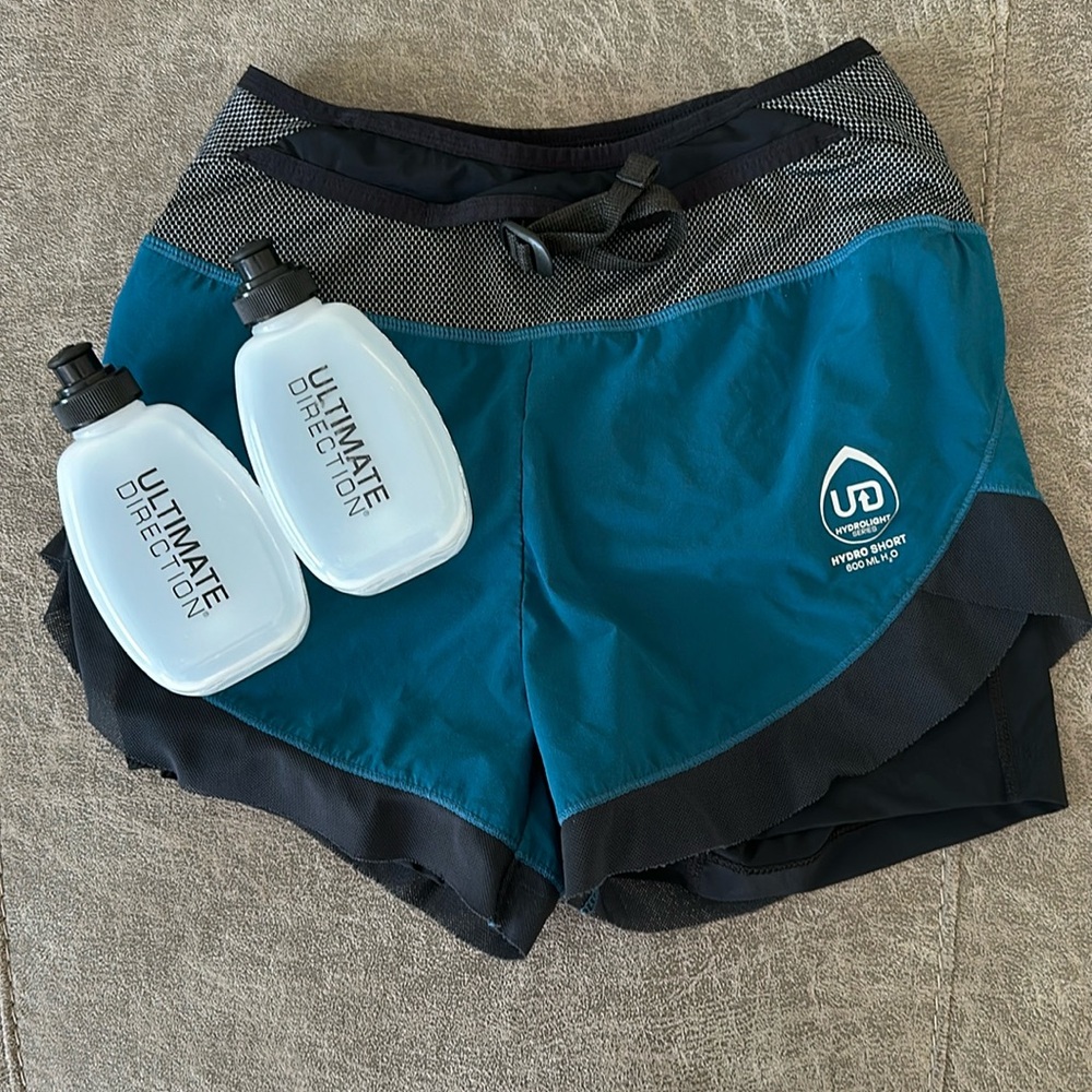 Ultimate Direction Hydrolight series running shorts with water bottles